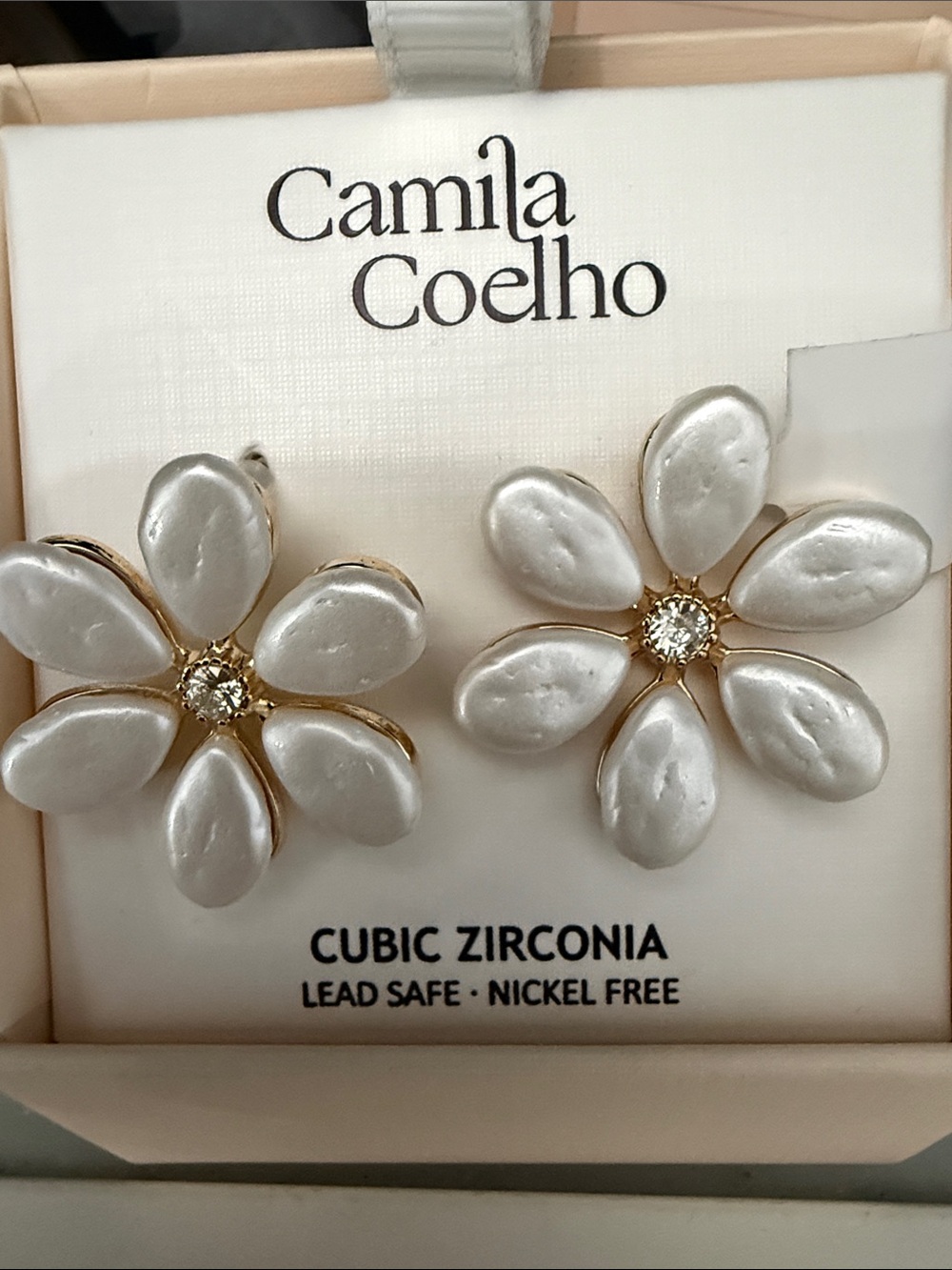 Camila Coelho Pearl-White Flower Stud Earrings with Gold Accents